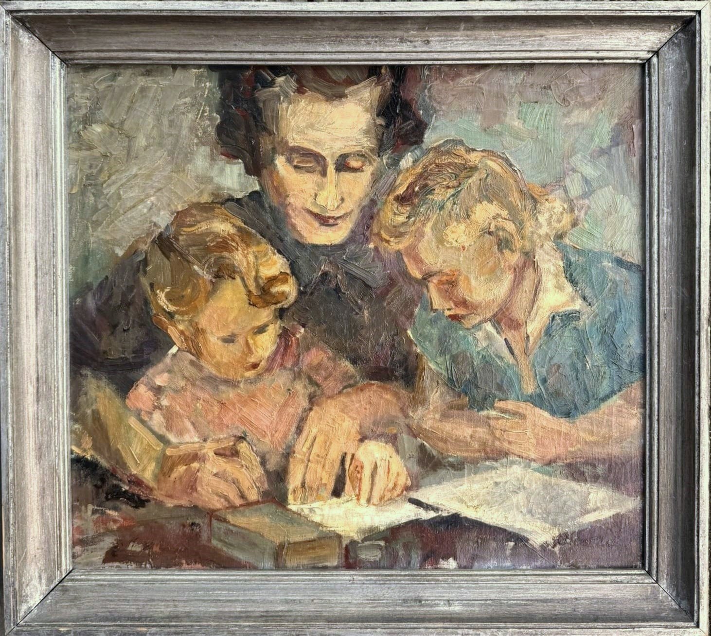 Vintage Mother and Children Painting, Early 20th Century Family Portrait